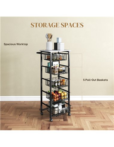 HOMCOM Five Basket Mobile Kitchen Island, with Brakes - Grey/Black