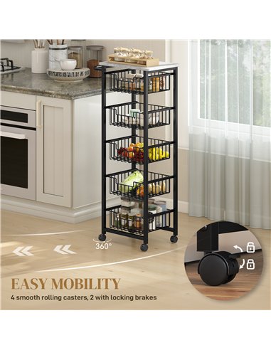 HOMCOM Five Basket Mobile Kitchen Island, with Brakes - Grey/Black