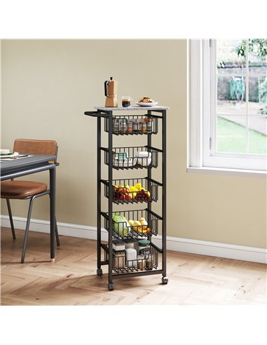 HOMCOM Five Basket Mobile Kitchen Island, with Brakes - Grey/Black