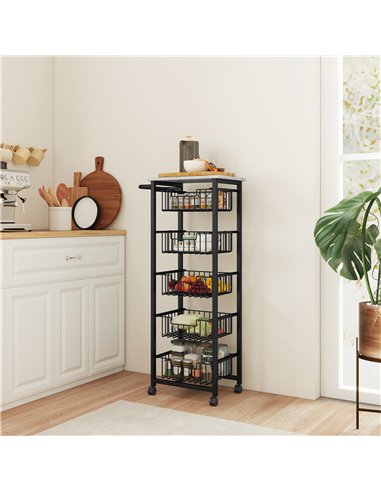 HOMCOM Five Basket Mobile Kitchen Island, with Brakes - Grey/Black