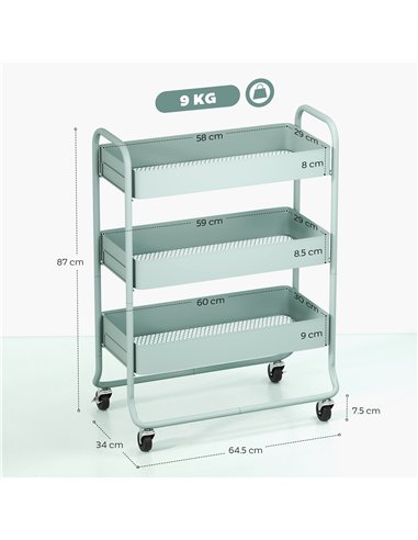 HOMCOM 3-Tier Storage Trolley on Wheels, Rolling Utility Cart with Mesh Backets for Kitchen, Bathroom, Bedroom, Light Green