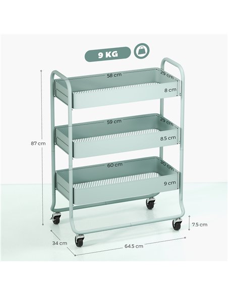 HOMCOM 3-Tier Storage Trolley on Wheels, Rolling Utility Cart with Mesh Backets for Kitchen, Bathroom, Bedroom, Light Green - pic 171116 | FastDaddyshop