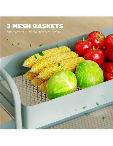 HOMCOM 3-Tier Storage Trolley on Wheels, Rolling Utility Cart with Mesh Backets for Kitchen, Bathroom, Bedroom, Light Green