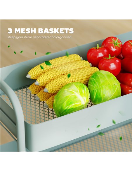 HOMCOM 3-Tier Storage Trolley on Wheels, Rolling Utility Cart with Mesh Backets for Kitchen, Bathroom, Bedroom, Light Green - pic 171117 | FastDaddyshop
