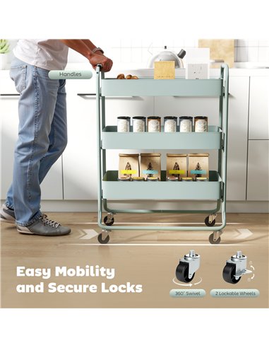 HOMCOM 3-Tier Storage Trolley on Wheels, Rolling Utility Cart with Mesh Backets for Kitchen, Bathroom, Bedroom, Light Green