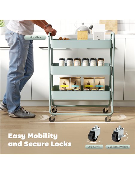 HOMCOM 3-Tier Storage Trolley on Wheels, Rolling Utility Cart with Mesh Backets for Kitchen, Bathroom, Bedroom, Light Green - pic 171118 | FastDaddyshop