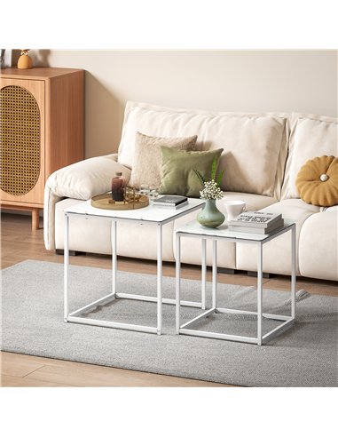 HOMCOM Nest of Tables, Set of 2 Coffee Table, Side Tables with Tempered Glass Desktop and Metal Frame for Living Room, Bedroom, 