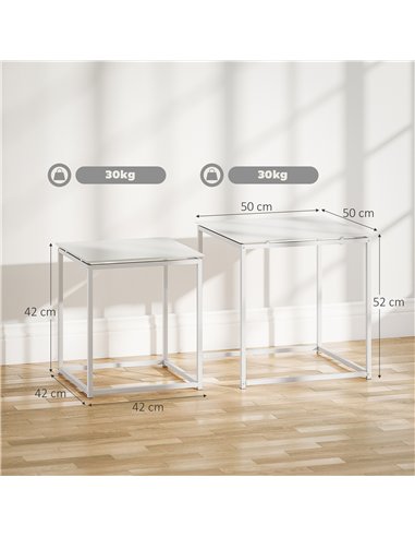 HOMCOM Nest of Tables, Set of 2 Coffee Table, Side Tables with Tempered Glass Desktop and Metal Frame for Living Room, Bedroom, 