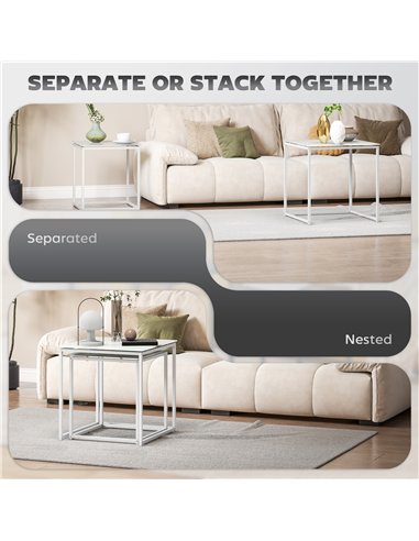 HOMCOM Nest of Tables, Set of 2 Coffee Table, Side Tables with Tempered Glass Desktop and Metal Frame for Living Room, Bedroom, 