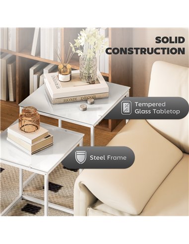 HOMCOM Nest of Tables, Set of 2 Coffee Table, Side Tables with Tempered Glass Desktop and Metal Frame for Living Room, Bedroom, 