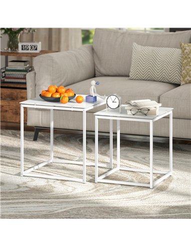 HOMCOM Nest of Tables, Set of 2 Coffee Table, Side Tables with Tempered Glass Desktop and Metal Frame for Living Room, Bedroom, 