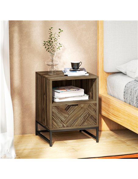 HOMCOM Bedside Table with Drawer and Shelf, Side End Table with Steel Legs for Living Room, Bedroom, Brown Wood Effect - pic 171160 | FastDaddyshop