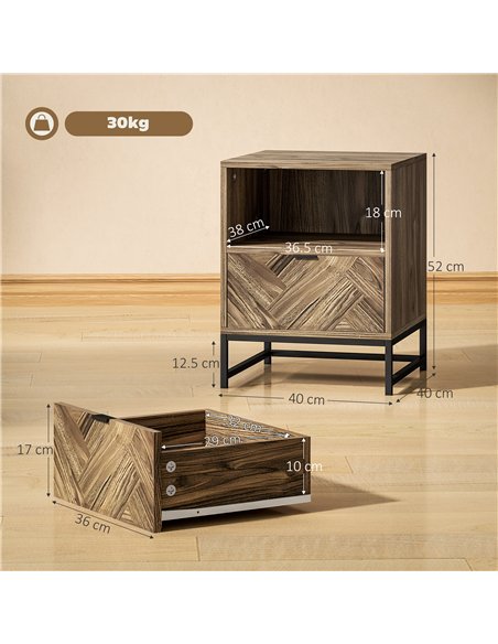 HOMCOM Bedside Table with Drawer and Shelf, Side End Table with Steel Legs for Living Room, Bedroom, Brown Wood Effect - pic 171161 | FastDaddyshop