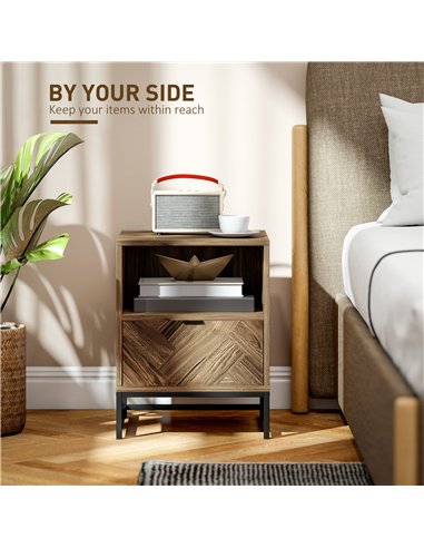 HOMCOM Bedside Table with Drawer and Shelf, Side End Table with Steel Legs for Living Room, Bedroom, Brown Wood Effect