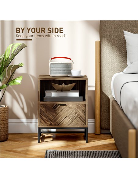 HOMCOM Bedside Table with Drawer and Shelf, Side End Table with Steel Legs for Living Room, Bedroom, Brown Wood Effect - pic 171162 | FastDaddyshop