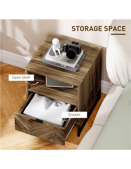 HOMCOM Bedside Table with Drawer and Shelf, Side End Table with Steel Legs for Living Room, Bedroom, Brown Wood Effect - pic 171163 | FastDaddyshop