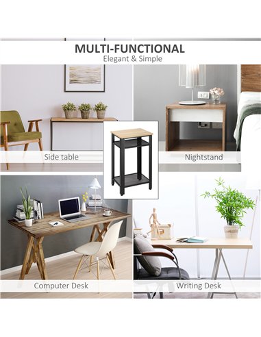 HOMCOM Tall Side Table Set of 2 with 3 Layer, 2 Shelves Storage Display Industrial-Style, Metal Frame, Bedside End Table for Liv