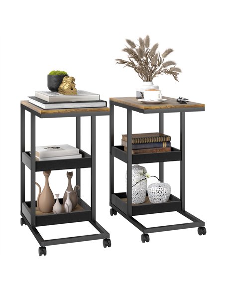 HOMCOM Mobile Sofa Side Table Set of 2, Industrial C-Shaped Rolling Table with 3-Tier Storage Shelving, Four Lockable Wheels Ste - pic 171186 | FastDaddyshop