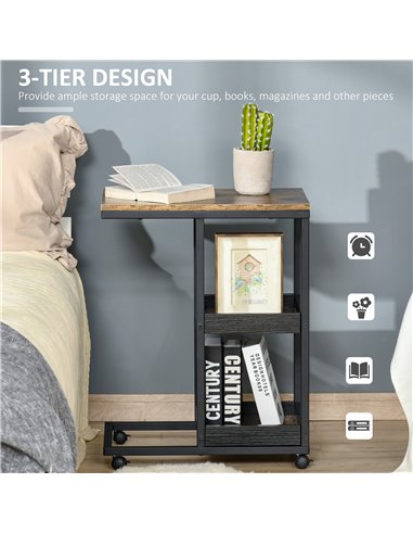 HOMCOM Mobile Sofa Side Table Set of 2, Industrial C-Shaped Rolling Table with 3-Tier Storage Shelving, Four Lockable Wheels Ste