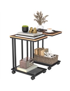 HOMCOM C Shaped Side Table Set of 2 with Wheels, Mobile End Table, Laptop Stand with Metal Frame and Storage Shelf, Rustic Brown