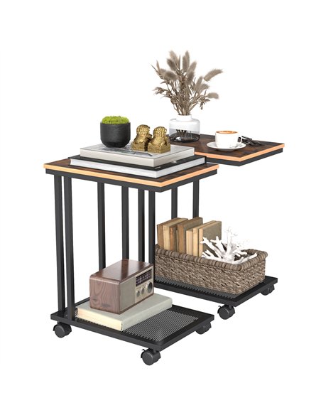HOMCOM C Shaped Side Table Set of 2 with Wheels, Mobile End Table, Laptop Stand with Metal Frame and Storage Shelf, Rustic Brown - pic 171195 | FastDaddyshop