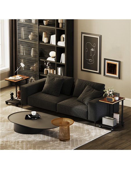 HOMCOM C Shaped Side Table Set of 2 with Wheels, Mobile End Table, Laptop Stand with Metal Frame and Storage Shelf, Rustic Brown - pic 171196 | FastDaddyshop
