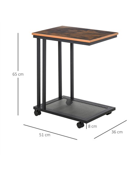 HOMCOM C Shaped Side Table Set of 2 with Wheels, Mobile End Table, Laptop Stand with Metal Frame and Storage Shelf, Rustic Brown - pic 171197 | FastDaddyshop