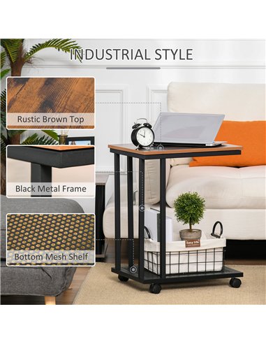 HOMCOM C Shaped Side Table Set of 2 with Wheels, Mobile End Table, Laptop Stand with Metal Frame and Storage Shelf, Rustic Brown