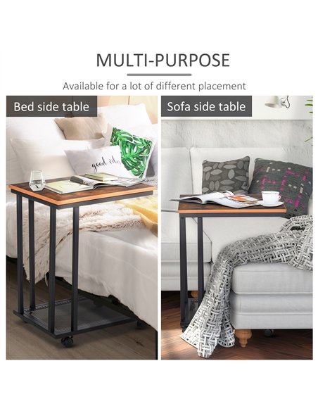 HOMCOM C Shaped Side Table Set of 2 with Wheels, Mobile End Table, Laptop Stand with Metal Frame and Storage Shelf, Rustic Brown - pic 171199 | FastDaddyshop