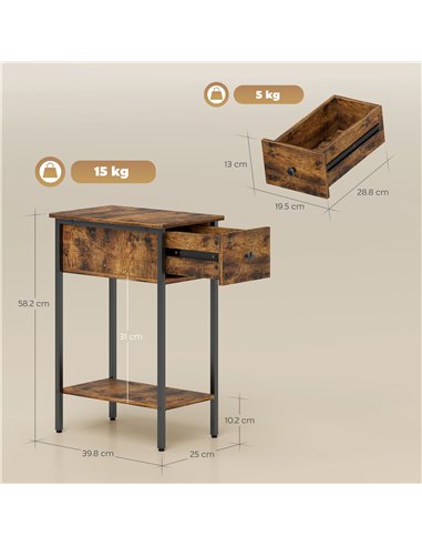 HOMCOM Narrow Side Table with Drawer and Storage Shelf - Rustic Brown