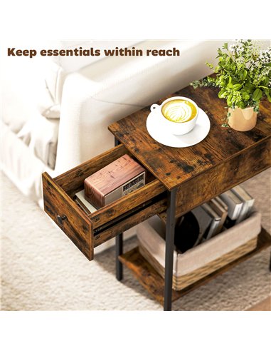 HOMCOM Narrow Side Table with Drawer and Storage Shelf - Rustic Brown