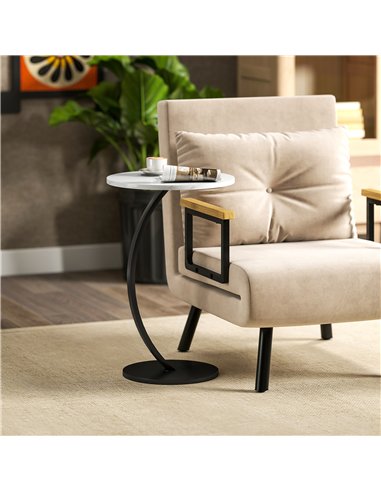HOMCOM C Shaped Side Table, Round Bedside Table with Marble Effect Top, Modern Coffee Table Sofa End Table with Metal Frame for 