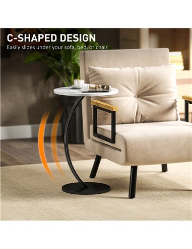 HOMCOM C Shaped Side Table, Round Bedside Table with Marble Effect Top, Modern Coffee Table Sofa End Table with Metal Frame for 