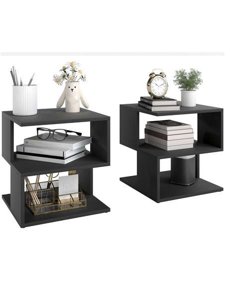 HOMCOM Set of 2 Side Table Square Coffee Table, Modern End Table with 2 Tier Storage Shelves for Living Room, Bedroom, Black - pic 171231 | FastDaddyshop