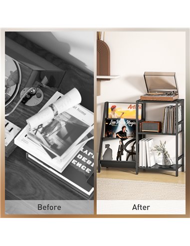 HOMCOM 3-Tier Record Player Stand, End Table for Living Room, Bedroom - Black Wood Effect