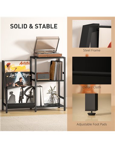 HOMCOM 3-Tier Record Player Stand, End Table for Living Room, Bedroom - Black Wood Effect