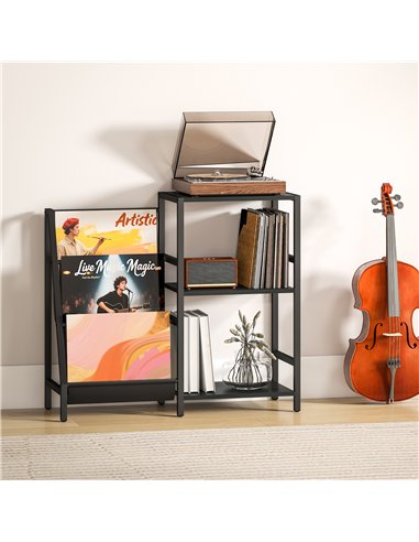 HOMCOM 3-Tier Record Player Stand, End Table for Living Room, Bedroom - Black Wood Effect