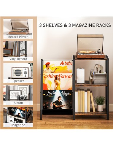 HOMCOM 3-Tier Record Player Stand, End Table for Living Room, Bedroom - Rustic Brown