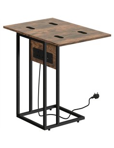 HOMCOM C Shaped Side Table with Charging Station and Foldable Top - Rustic Brown