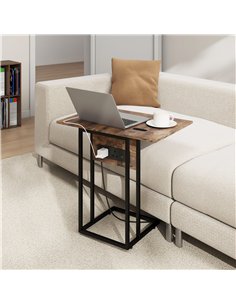 HOMCOM C Shaped Side Table with Charging Station and Foldable Top - Rustic Brown 2