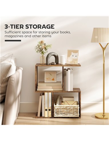 HOMCOM Side Table, Narrow End Table with Storage Shelves, S-Shaped, 3-Tier, 50W x 19.5D x 58H cm, Rustic Brown