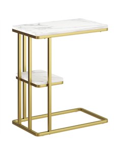 HOMCOM C-Shaped Narrow Side Table, 2-Tier Slim End Table, Nightstand for Small Spaces, Living Room, Bedroom, White Marble Grain