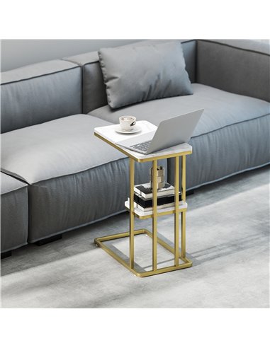 HOMCOM C-Shaped Narrow Side Table, 2-Tier Slim End Table, Nightstand for Small Spaces, Living Room, Bedroom, White Marble Grain