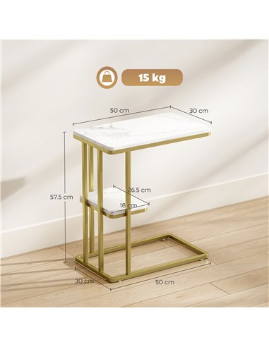 HOMCOM C-Shaped Narrow Side Table, 2-Tier Slim End Table, Nightstand for Small Spaces, Living Room, Bedroom, White Marble Grain