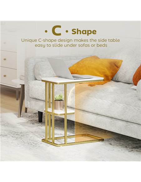 HOMCOM C-Shaped Narrow Side Table, 2-Tier Slim End Table, Nightstand for Small Spaces, Living Room, Bedroom, White Marble Grain - pic 171306 | FastDaddyshop