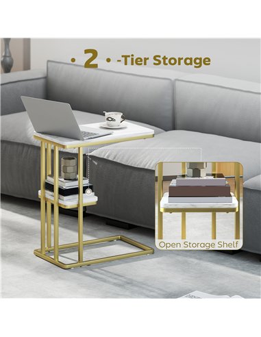 HOMCOM C-Shaped Narrow Side Table, 2-Tier Slim End Table, Nightstand for Small Spaces, Living Room, Bedroom, White Marble Grain