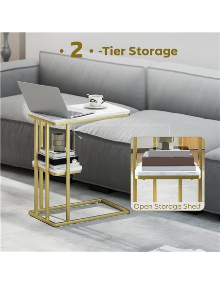 HOMCOM C-Shaped Narrow Side Table, 2-Tier Slim End Table, Nightstand for Small Spaces, Living Room, Bedroom, White Marble Grain - pic 171307 | FastDaddyshop
