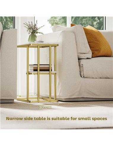 HOMCOM C-Shaped Narrow Side Table, 2-Tier Slim End Table, Nightstand for Small Spaces, Living Room, Bedroom, White Marble Grain