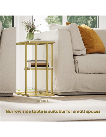 HOMCOM C-Shaped Narrow Side Table, 2-Tier Slim End Table, Nightstand for Small Spaces, Living Room, Bedroom, White Marble Grain - pic 171308 | FastDaddyshop