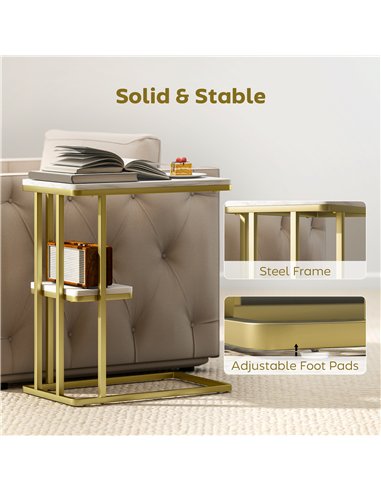 HOMCOM C-Shaped Narrow Side Table, 2-Tier Slim End Table, Nightstand for Small Spaces, Living Room, Bedroom, White Marble Grain
